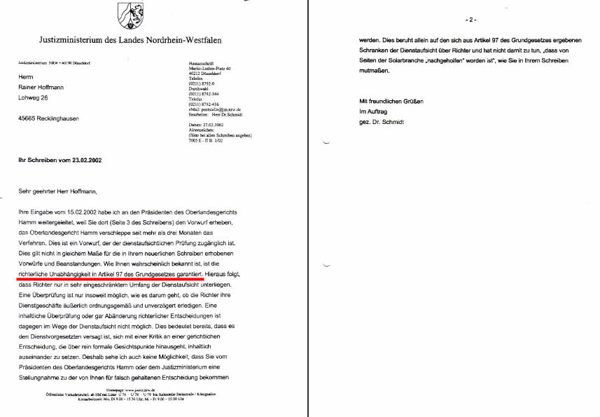 Schreiben des NRW-Justizministeriums vom 27.02.2002 (ROT-Markierung durch SOLARKRITIK.DE)