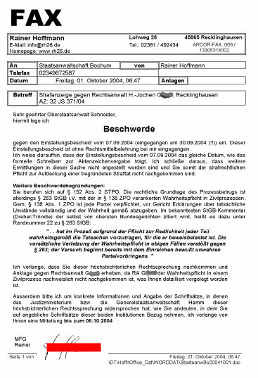 Fax des Solarkritikers vom 01.10.2004 an den Oberstaatsanwalt Schneider, STA Bochum